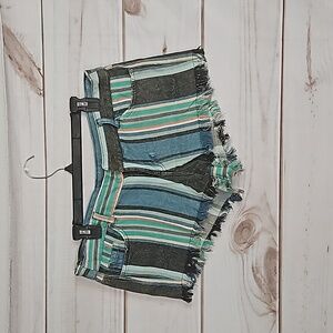 O'Neill Blue, Coral, & Green Stripped Distressed Frayed Hem Shorts - Size 9